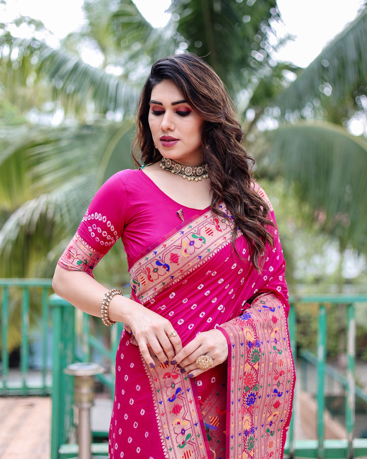 Exquisite Paithani Bandhej silk sadi in bright pink and blue, showcasing classic Indian craftsmanship.