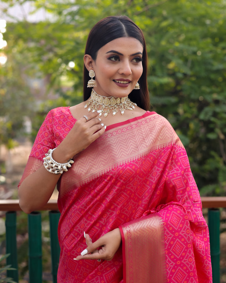 Stunning bright pink saree with a richly woven pallu and kanchi borders, designed for elegance at weddings and celebrations.