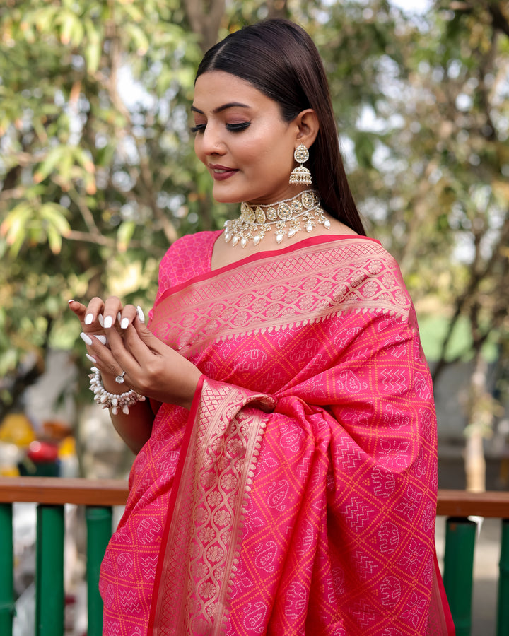 Stunning bright pink Indian saree with luxurious zari detailing and a rich woven pallu, ideal for festivals.