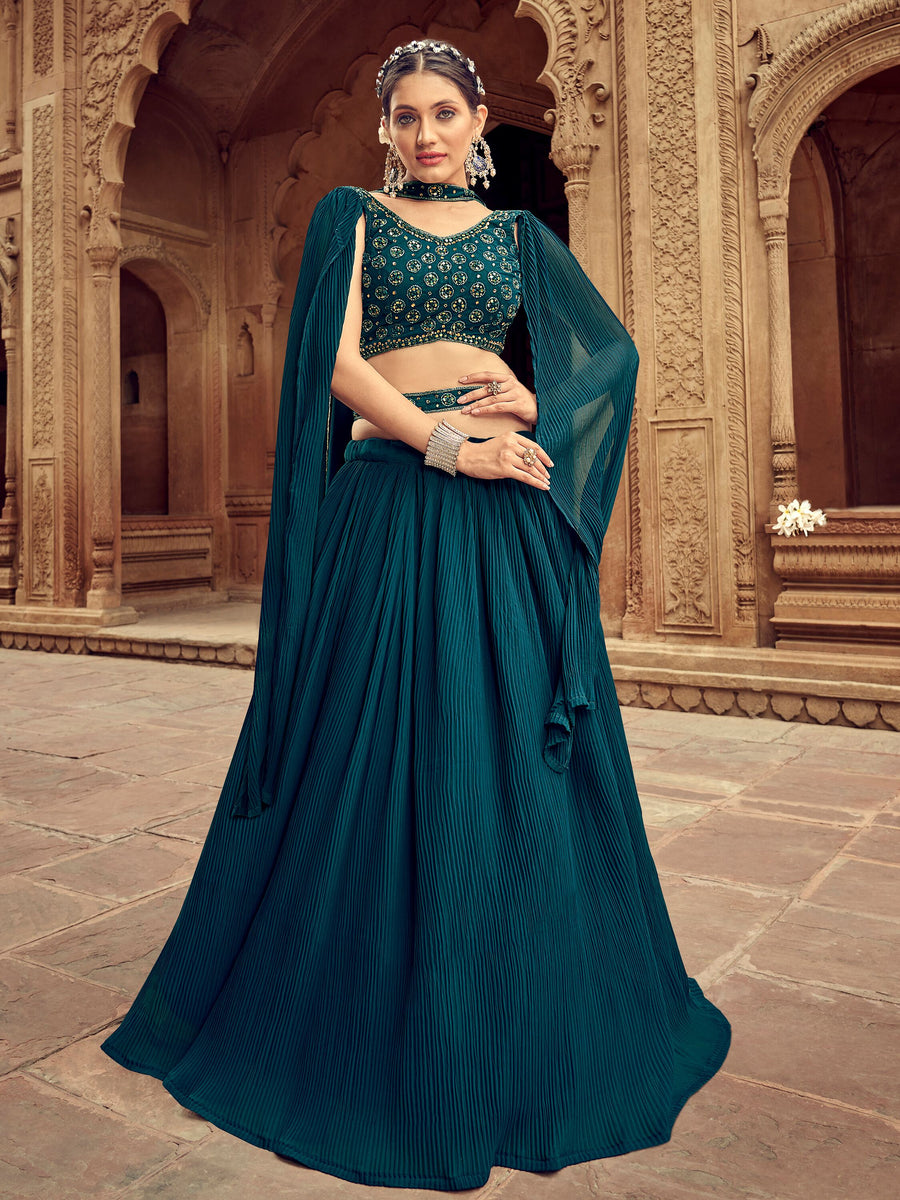 Glamorous Teal Blue Embroidered Georgette Lehenga Choli With Dupatta