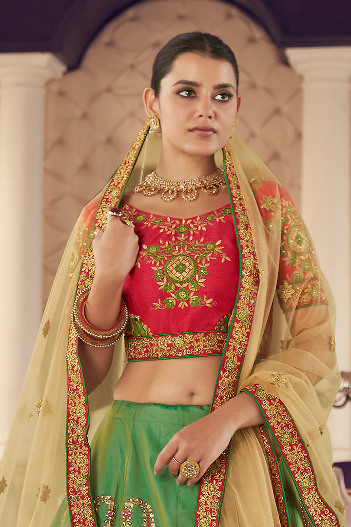 Green Jacquard Silk Lehenga | Elegant Zari & Hand Work Design