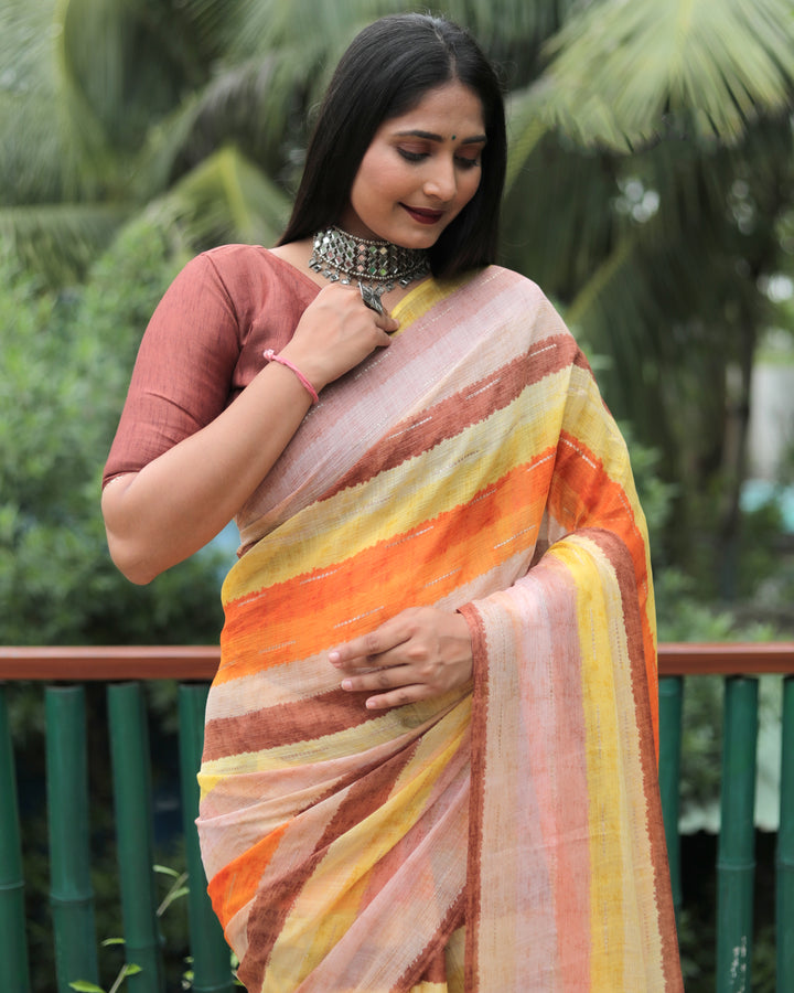 This stunning multicolor Moss chiffon saree with shimmering gold foil accents brings an energetic and elegant flair to your special occasions.