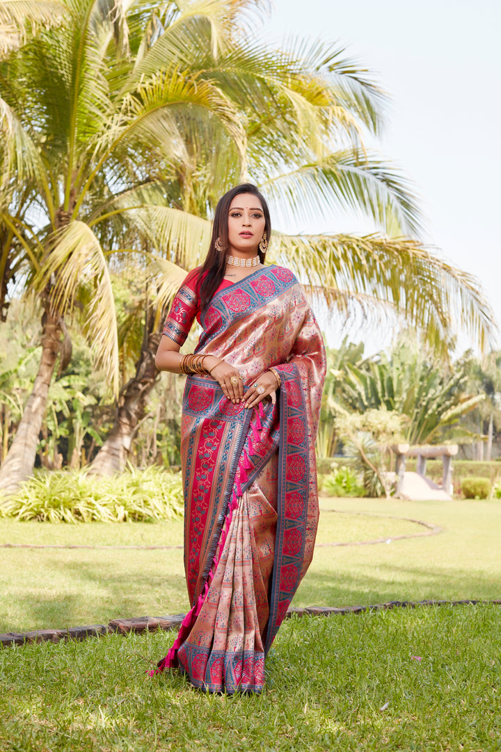 Exquisite bright pink Kanjivaram silk saree with intricate embroidery and a woven pallu, designed to make a statement.