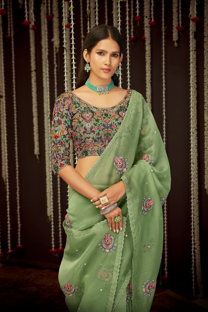 Olive Green Organza Saree | Floral Embroidery & Embroidered Blouse