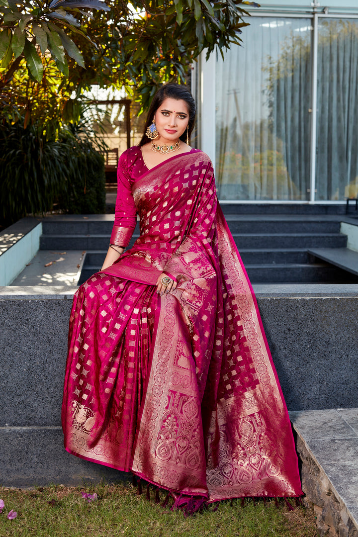 Elegant Wine Satin Silk Saree with dual weave design and beautiful pallu, ideal for bridal occasions.