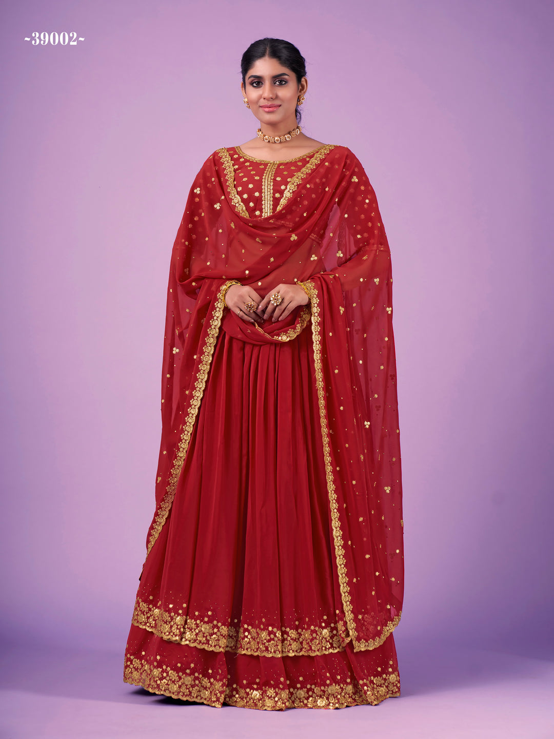 Flared Red Semi-stitched Embroidered Lehenga | Round Neck Blouse