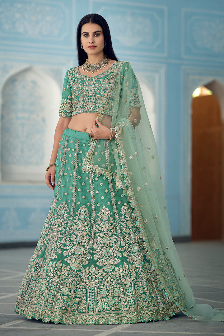 Turquoise Semi Stitched Lehenga Choli | Organza with Zari & Sequins