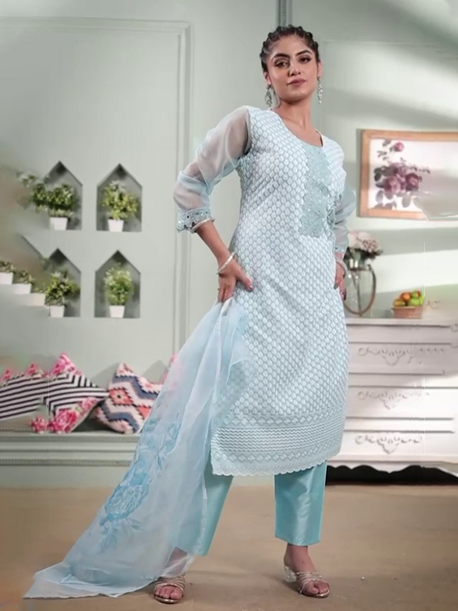 Sky blue Roman silk kurti set with doodle prints, designed for chic, stylish events and casual gatherings.