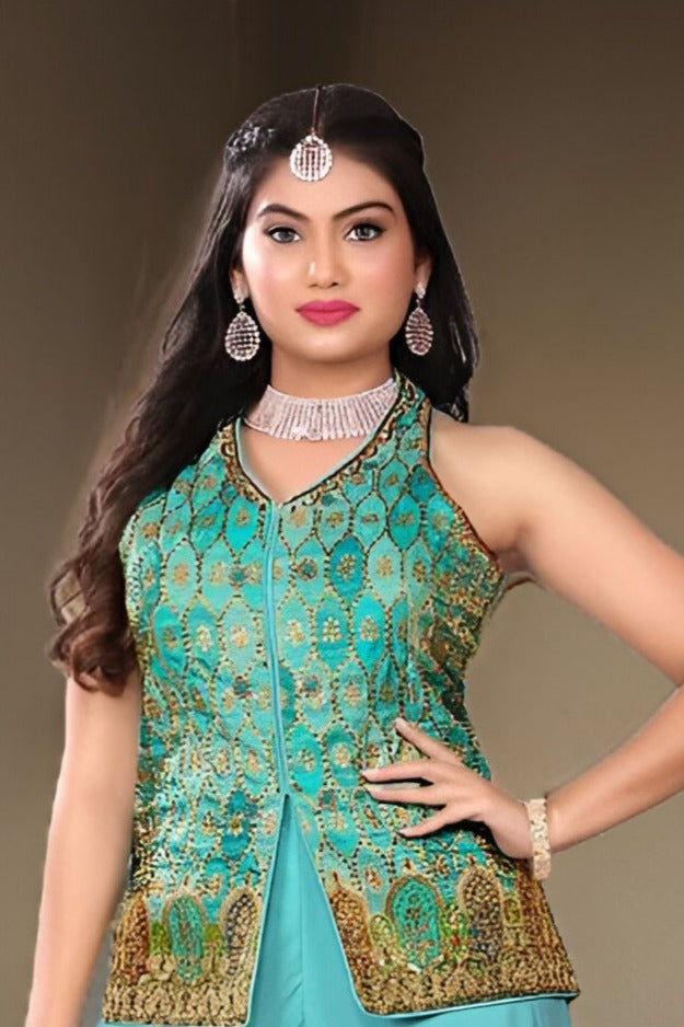 Chic sea blue garara suit with intricate details, crafted for women’s formal wear.