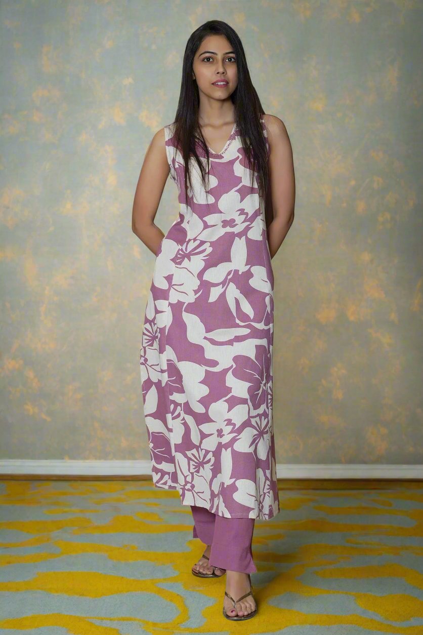 Stylish lavender kurti set featuring an A-line kurta and matching pants, designed for everyday wear and comfortable elegance