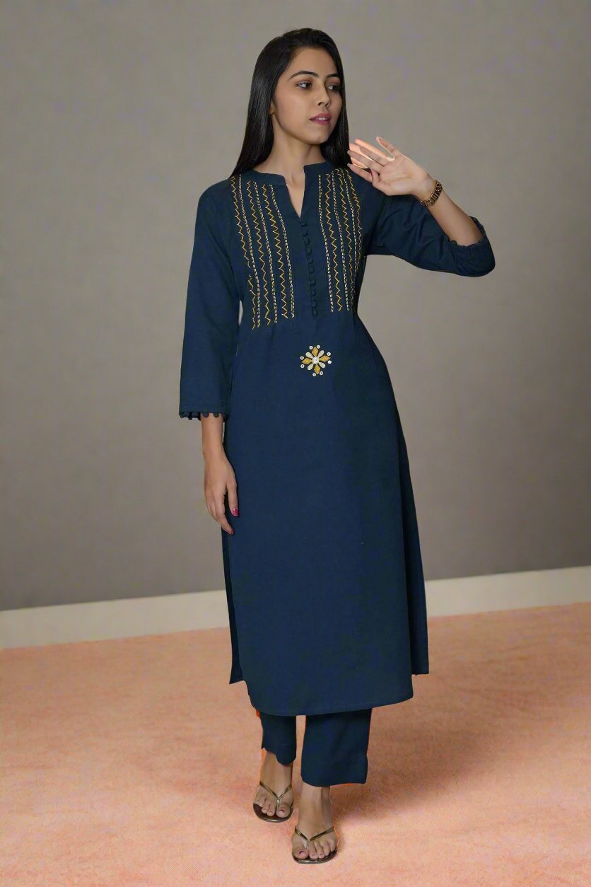 Trendy navy blue cotton kurti set designed for women, offering a stylish and comfortable option for any occasion or event