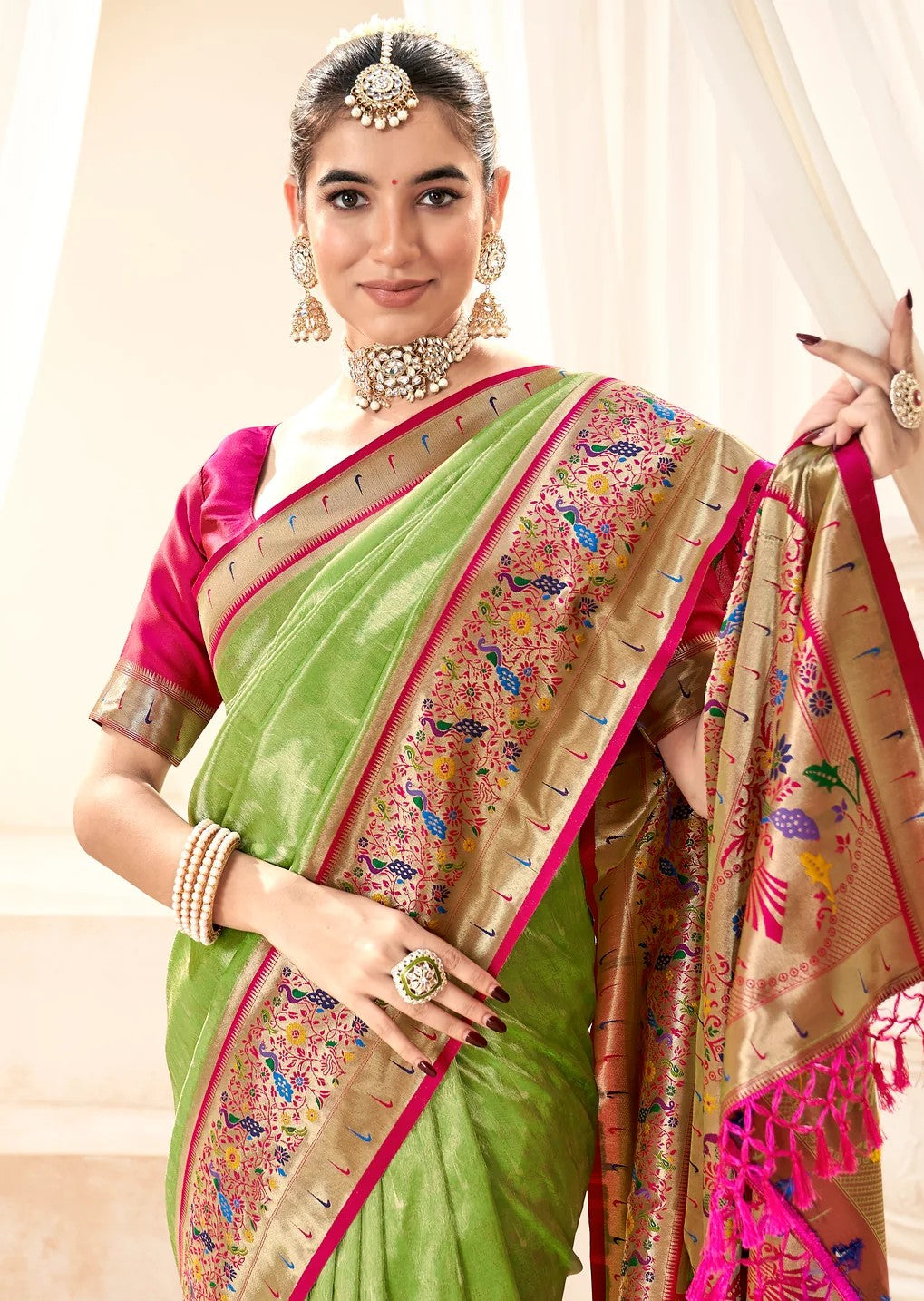 Vibrant Paithani Silk Saree | Gold Zari Border & Butti Design for Weddings