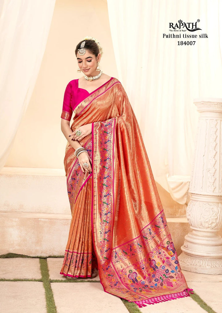 Vibrant Paithani Silk Saree | Gold Zari Border & Butti Design for Weddings