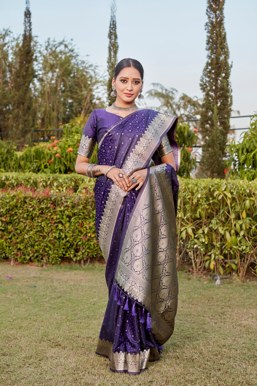 Stunning Purple Satin Silk Saree with intricate Butta design and exquisite designer border for weddings.