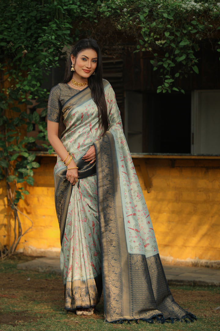 Luxurious Grey Indian sari with exquisite Kanjivaram silk, perfect for celebrating weddings and cultural events.