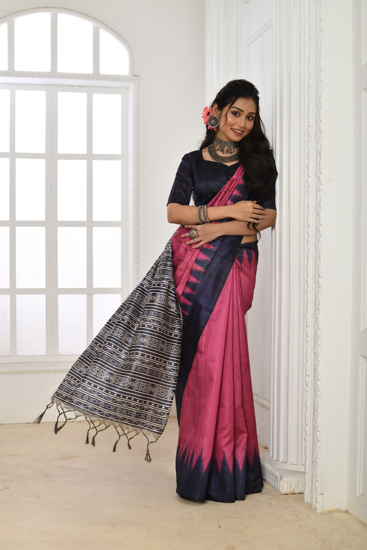 Unique Tussar silk saree with a printed temple border and traditional fabric pattern, perfect for special events.