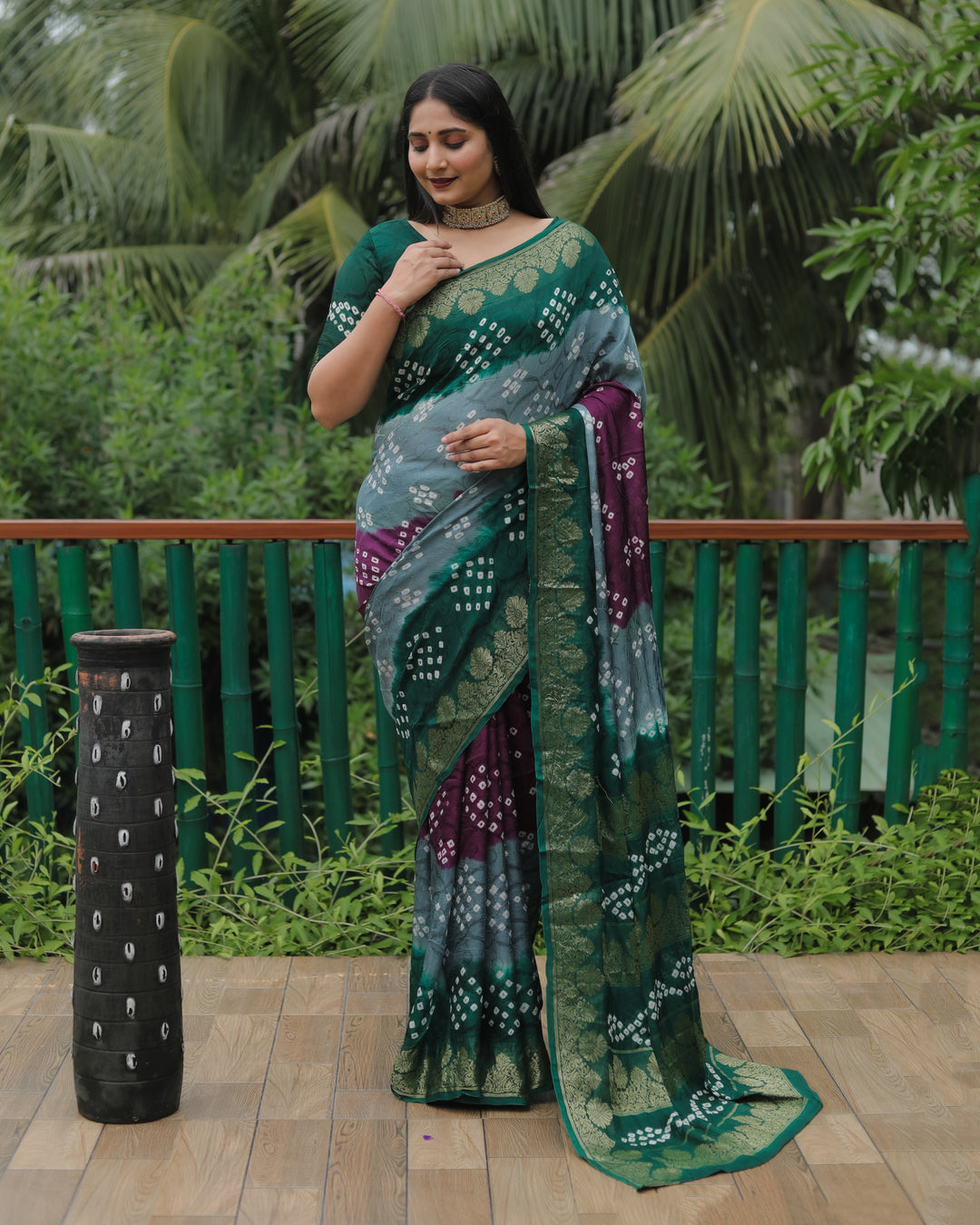 Purple Pure Bandhej Silk Saree with rich zari border and intricate woven pallu, perfect for events.