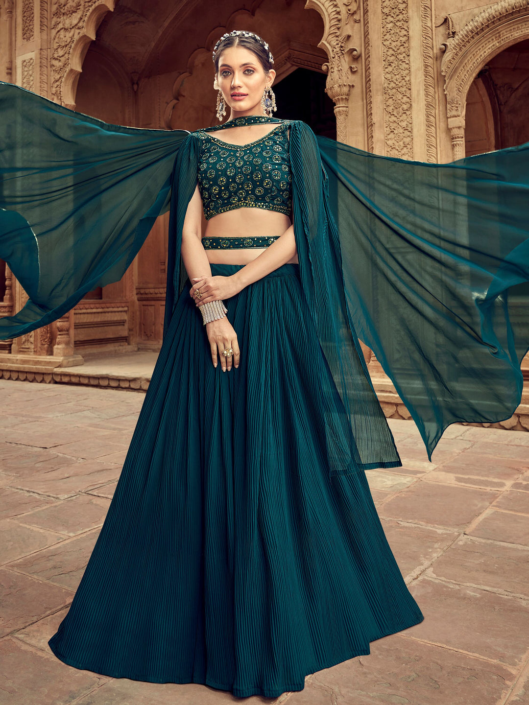 Glamorous Teal Blue Embroidered Georgette Lehenga Choli With Dupatta