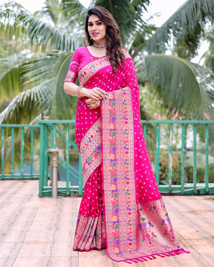 Traditional Paithani Bandhej silk sadi with rich patterns in purple, green, and red.