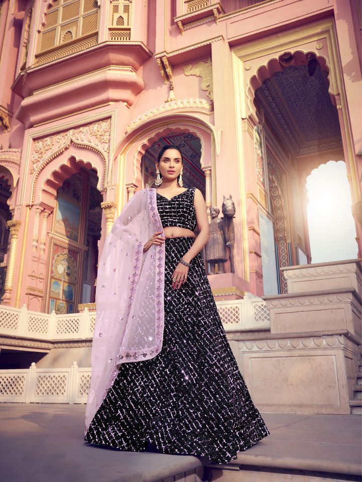 Elegant Wave-Pattern Lehenga Choli | Pink Dupatta Party Wear Ensemble