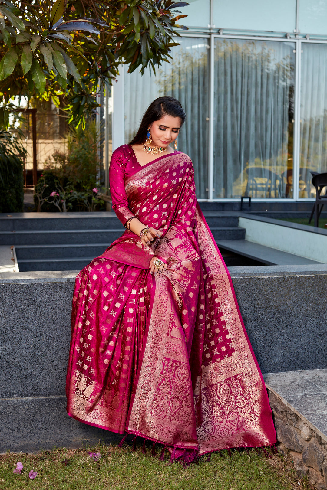 Stunning Wine Satin Silk Wedding Saree with exquisite dual weave and elegant pallu for weddings.