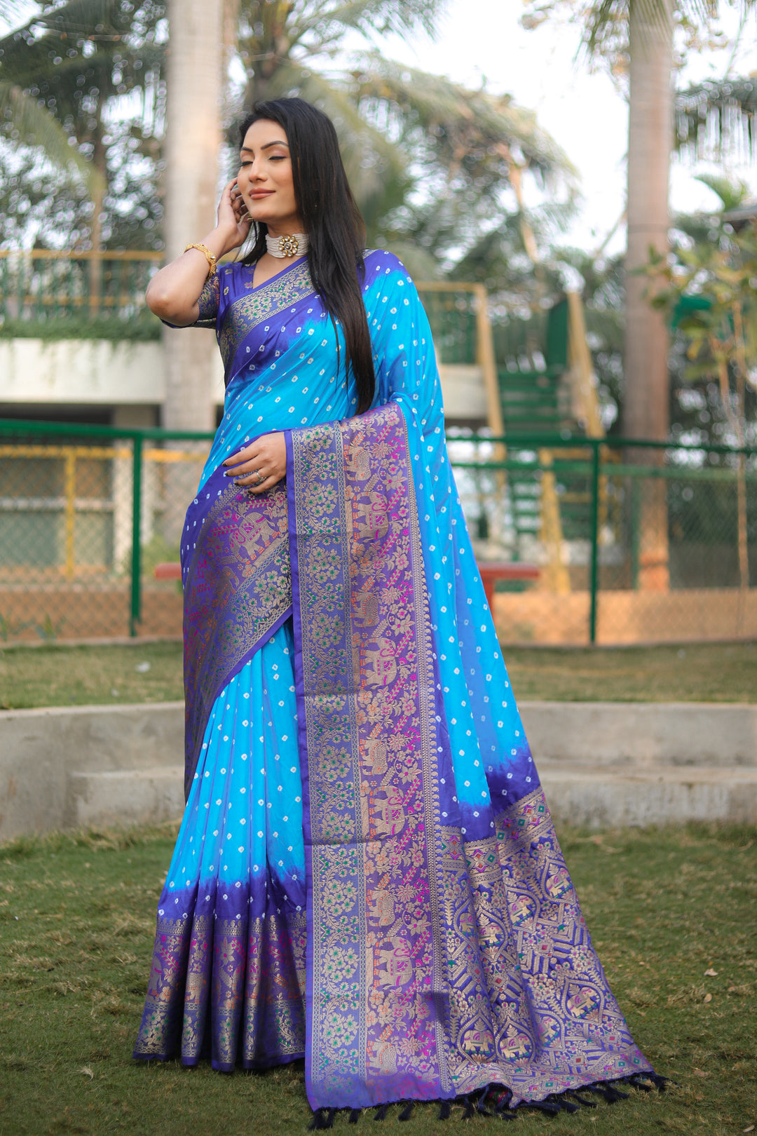 Premium Sky-Blue Bandhej Silk Saree with beautiful Kanjivaram border and Minakari pallu for special occasions.