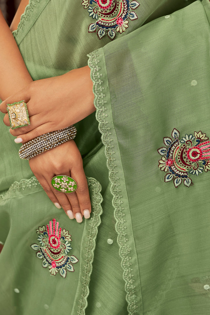 Olive Green Organza Saree | Floral Embroidery & Embroidered Blouse