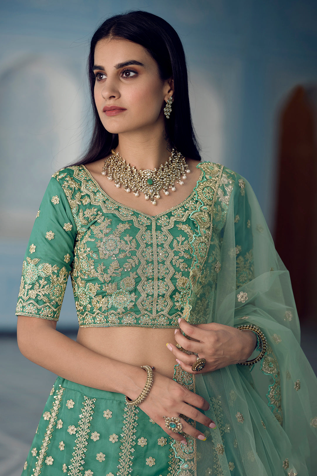 Turquoise Semi Stitched Lehenga Choli | Organza with Zari & Sequins