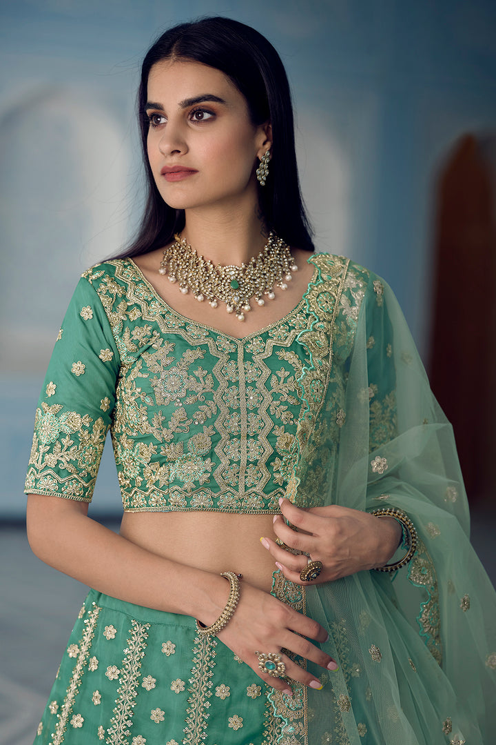 Turquoise Semi Stitched Lehenga Choli | Organza with Zari & Sequins