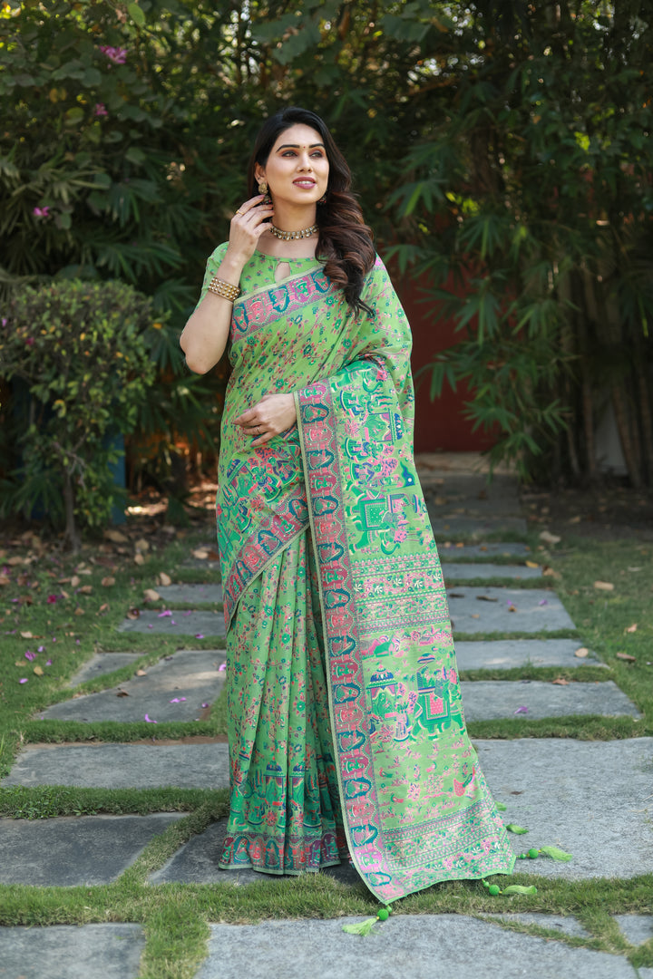 Elegant green Pashmina cotton saree with intricate double-sided border and grand pallu, perfect for formal wear.