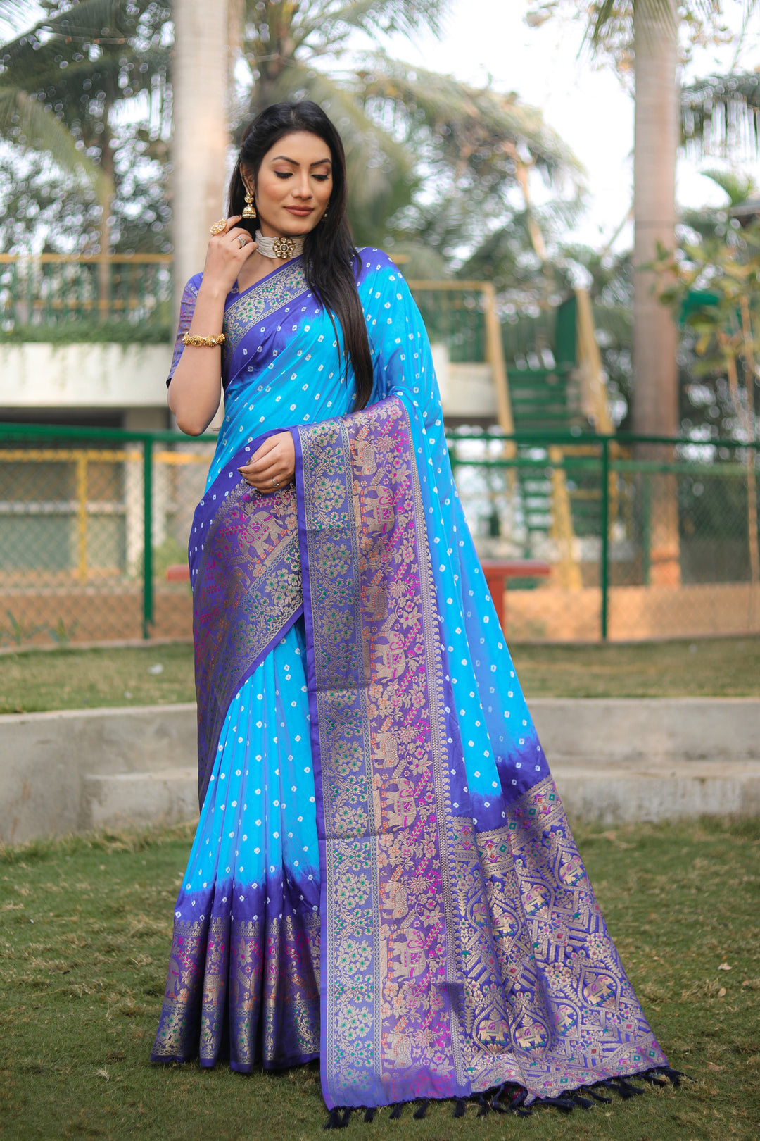 Sky-Blue Bandhej Silk Saree featuring a stunning Kanjivaram border and Minakari pallu, ideal for traditional wear.