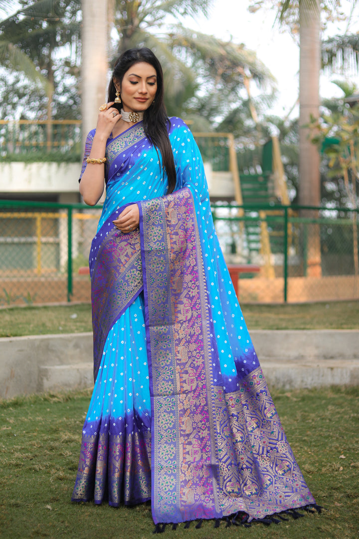 Sky-Blue Bandhej Silk Saree featuring a stunning Kanjivaram border and Minakari pallu, ideal for traditional wear.