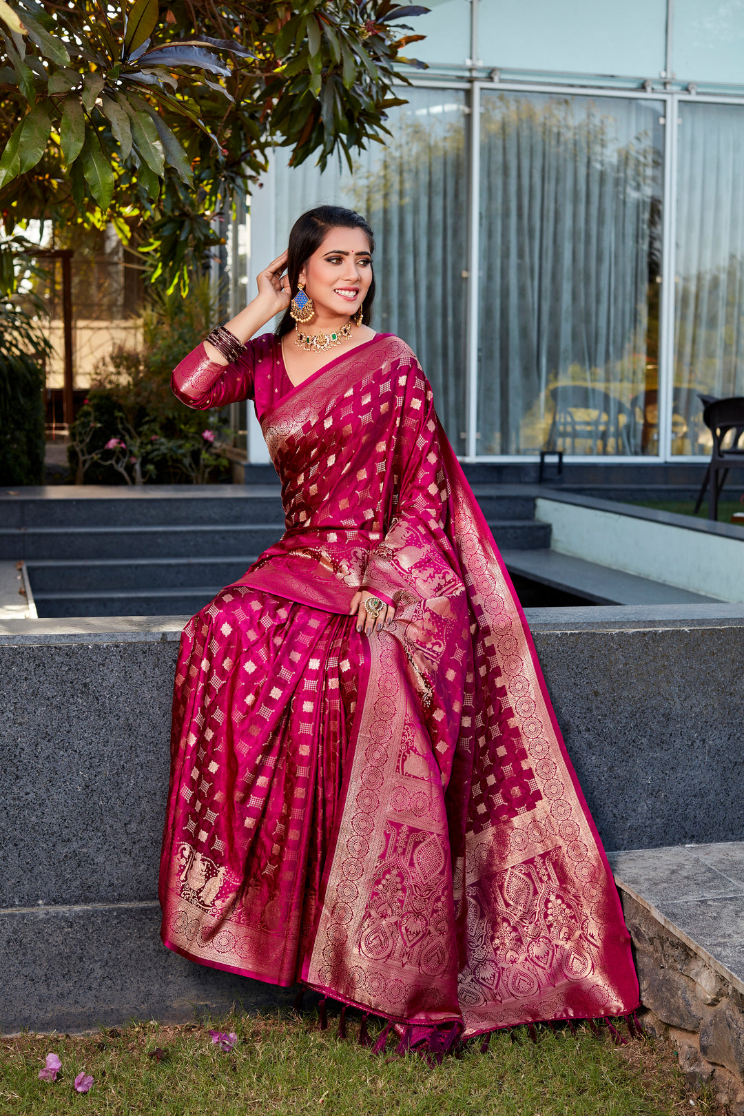 Premium Wine Satin Silk Wedding Saree with dual weave and luxurious pallu for special events.