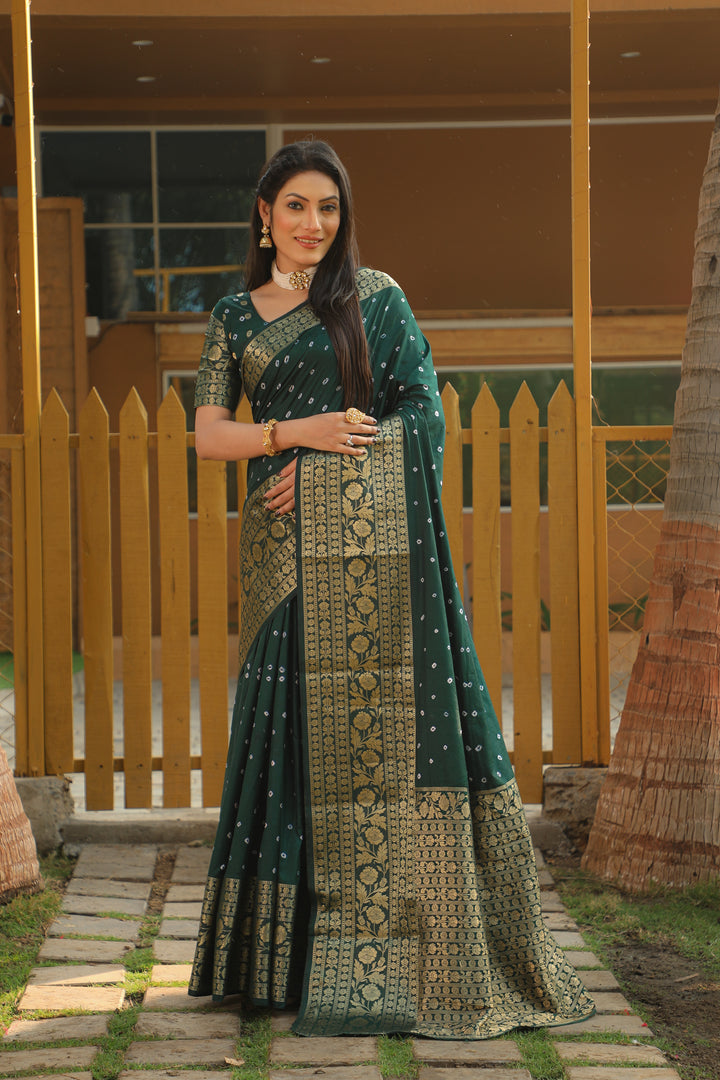 Beautiful red Bandhej Kanjivaram silk saree with exquisite zari weaving and rich pallu, perfect for weddings and cultural celebrations.