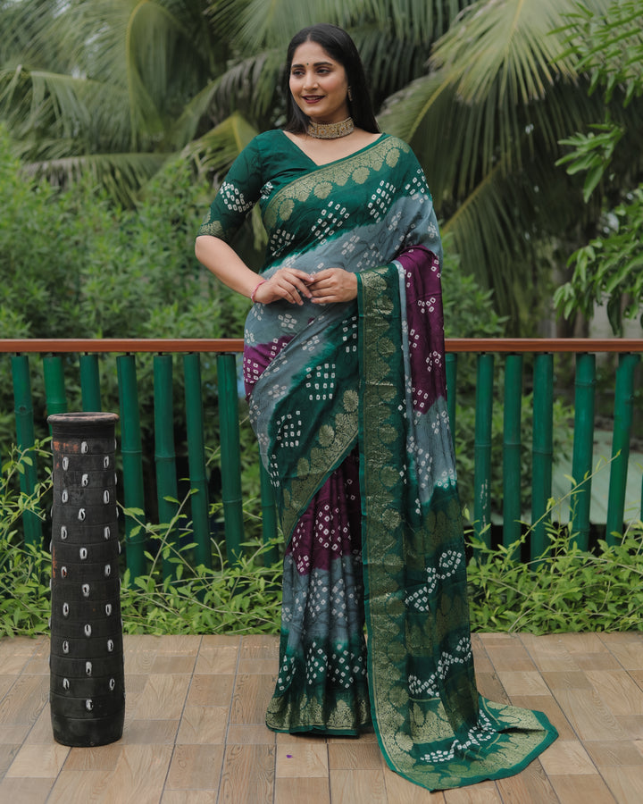 Elegant Purple Bandhej Silk Saree featuring a designer zari border and richly woven pallu.