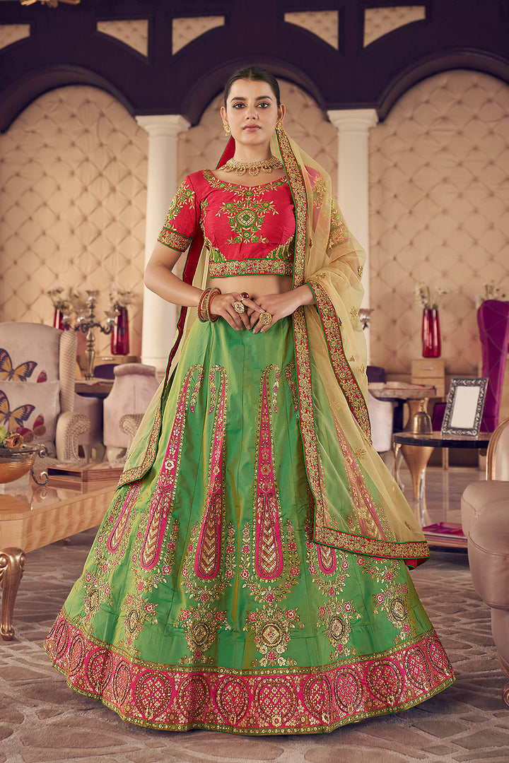 Green Jacquard Silk Lehenga | Elegant Zari & Hand Work Design