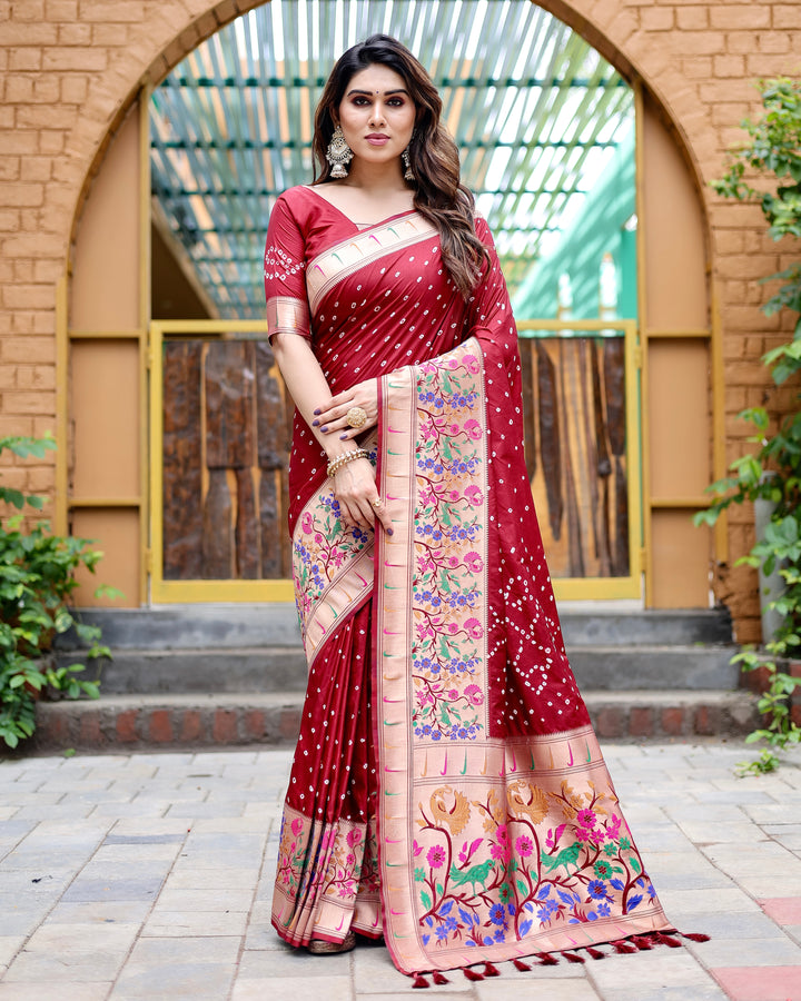 Maroon Bandhej silk saree with Paithani border and matching tassels, designed to create a graceful festive look.