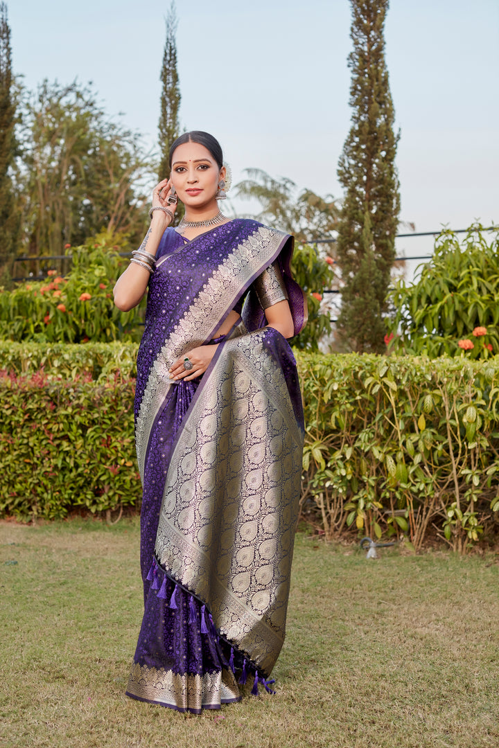 Premium Purple Kanjivaram Satin Silk Saree featuring intricate Butta work and a stunning designer border.