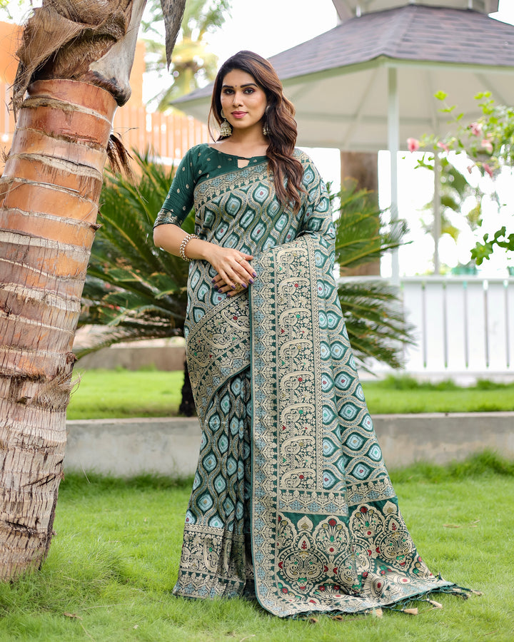 Classic green Kanjivaram Pattu Silk Saree with fine zari embroidery and embossed texture, ideal for USA brides.