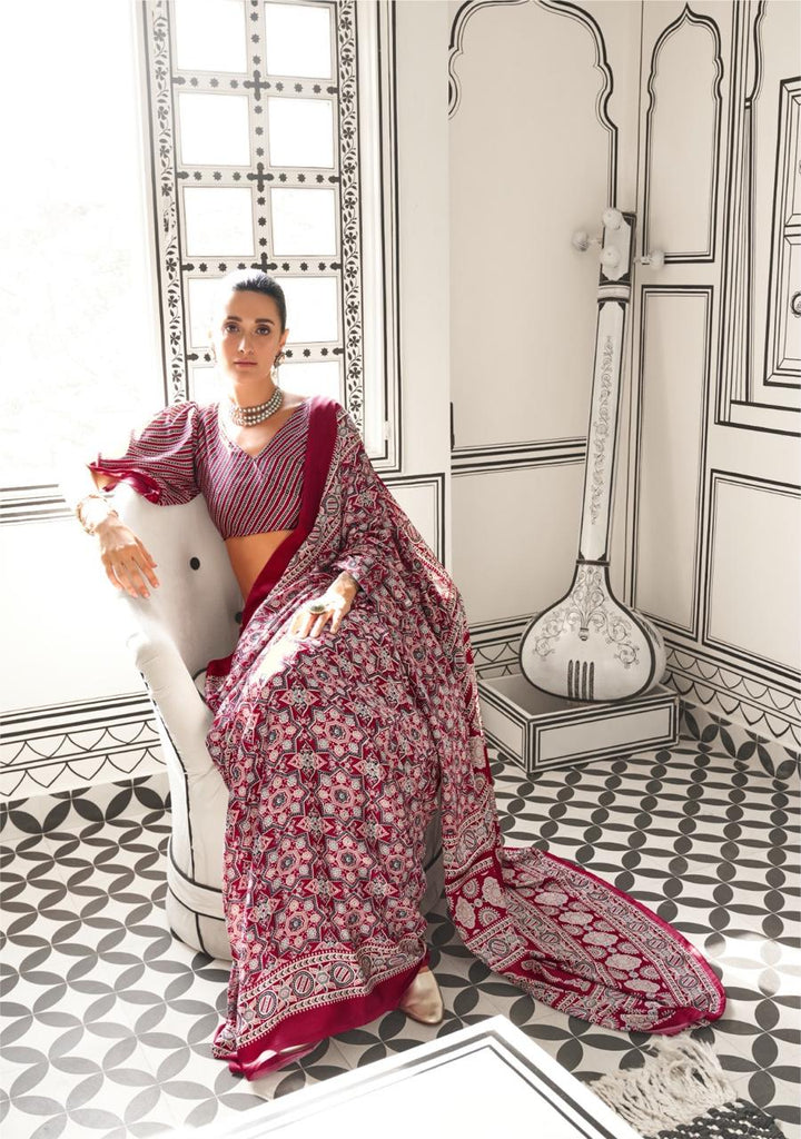 Indo western saree with a fusion of Ajrakh prints and modern elegance