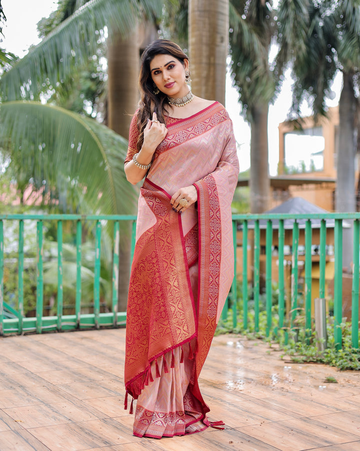 Premium Pink Kanjivaram Pattu Saree with Leheriya design and heavy border for traditional events.