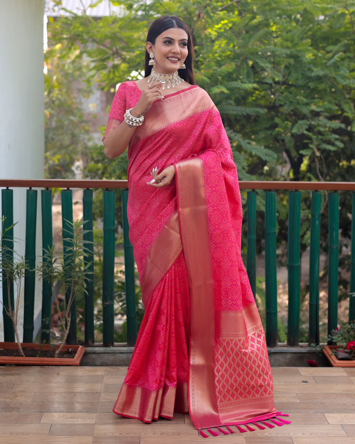 Lightweight and soft bright pink saree with all-over zari work, combining comfort with exquisite style for special events.