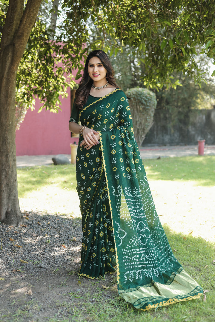 Stunning Bandhej silk saree with fine zari work and luxurious tissue pallu.