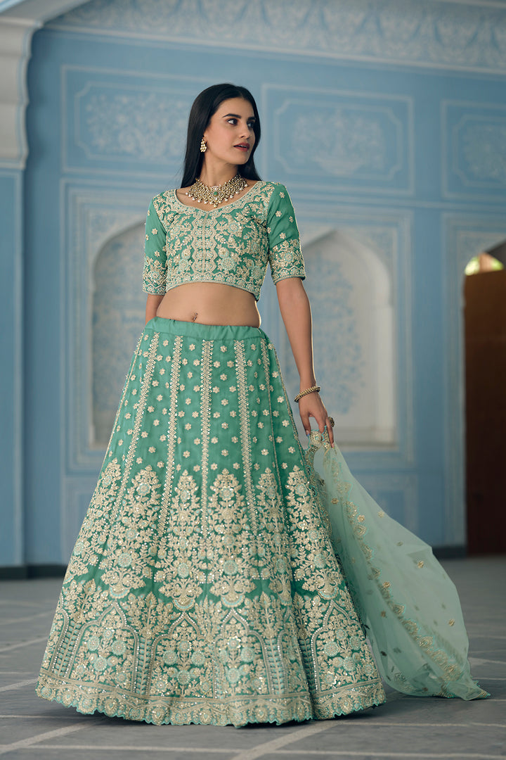 Turquoise Semi Stitched Lehenga Choli | Organza with Zari & Sequins