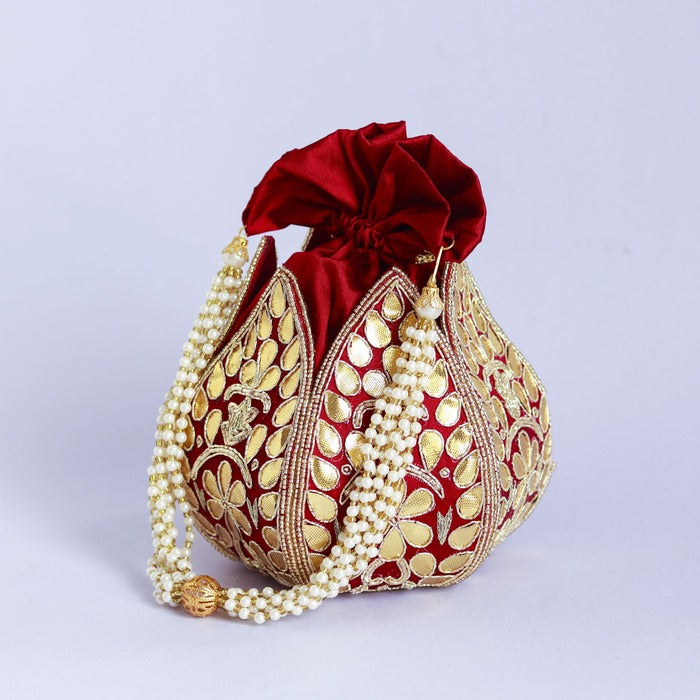 Mrig Gota Patti Handwork Mini Lotus Potli | Elegant Handcrafted Potli Bag