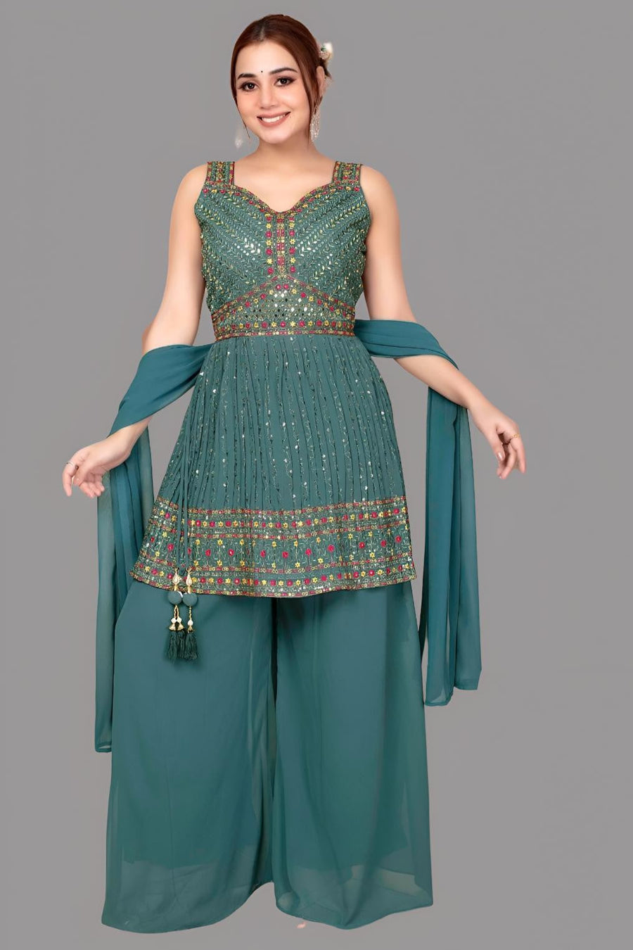 Teal georgette garara set with short kurta and dupatta, ideal for stylish gatherings.