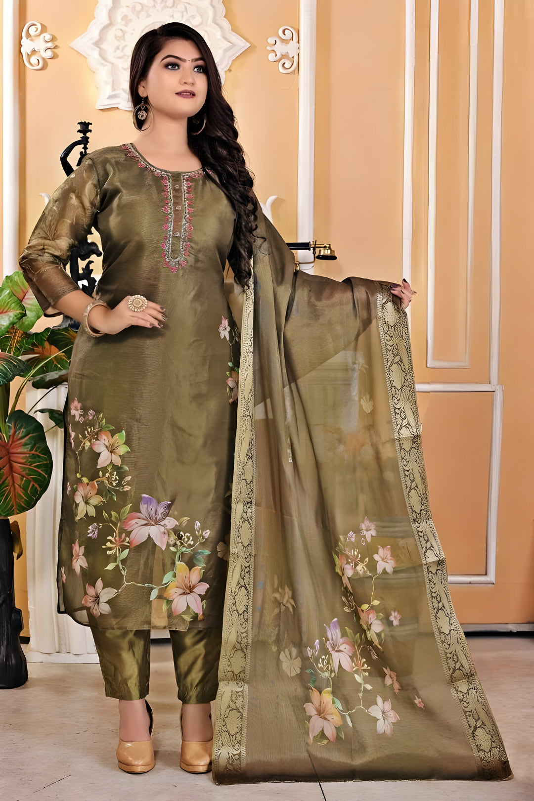 Stylish olive green kurti set featuring a matching dupatta made from shimmer fabric.