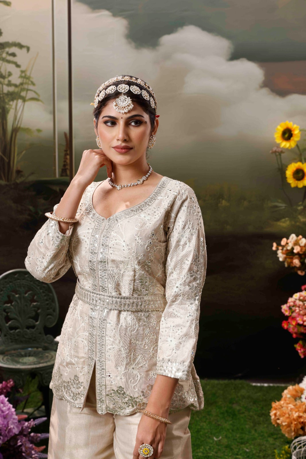 Beautiful cream chinon fabric palazzo set, offering a stylish and comfortable outfit for various occasions.