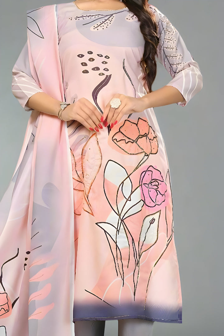 Stylish peach kurta pant set made from linen, complete with a dupatta for a sophisticated festive look.