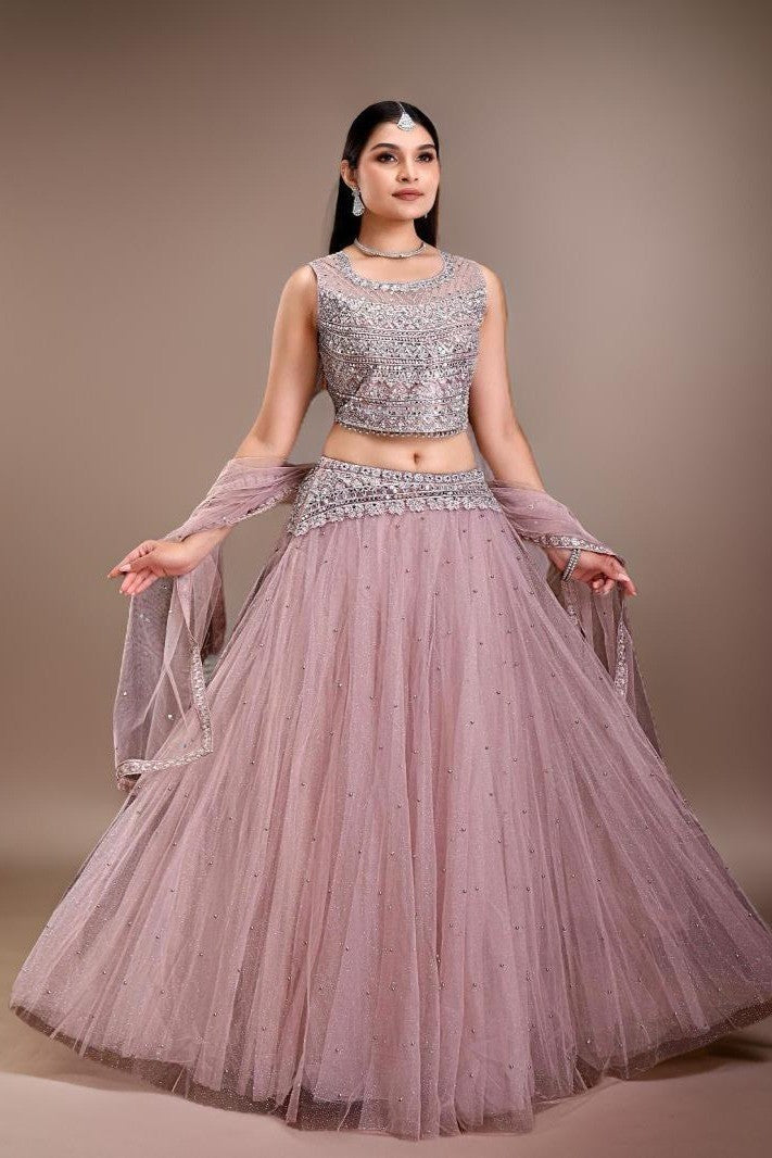 Elegant lavender floral crop top lehenga made from comfortable Jimmichu fabric, perfect for festive occasions.